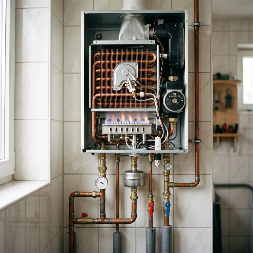 Настенный газовый котёл с открытой панелью в котельной частного дома Настенный газовый котёл с открытой панелью в котельной частного дома