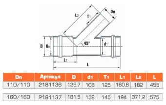 Тройник напорный двухраструбный НПВХ 110x110/45*