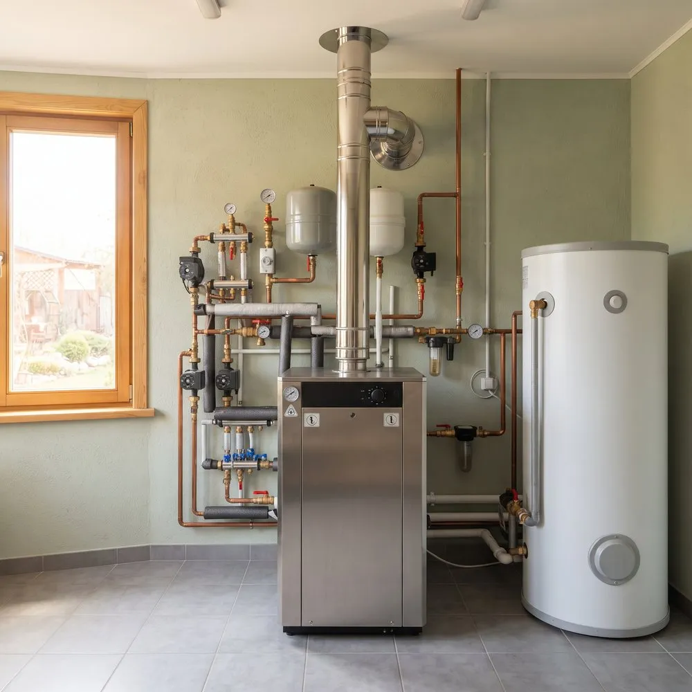 Мощный напольный газовый котёл 40 кВт в котельной загородного коттеджа