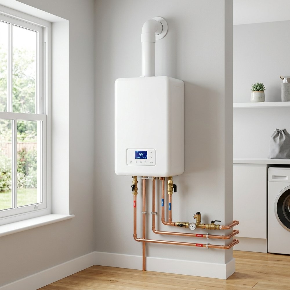 Настенный газовый котел Rinnai в интерьере домашней котельной